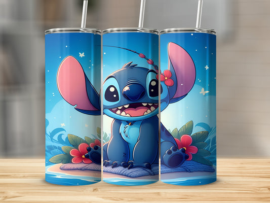 Cartoon Stitch character with flowers on a beach.