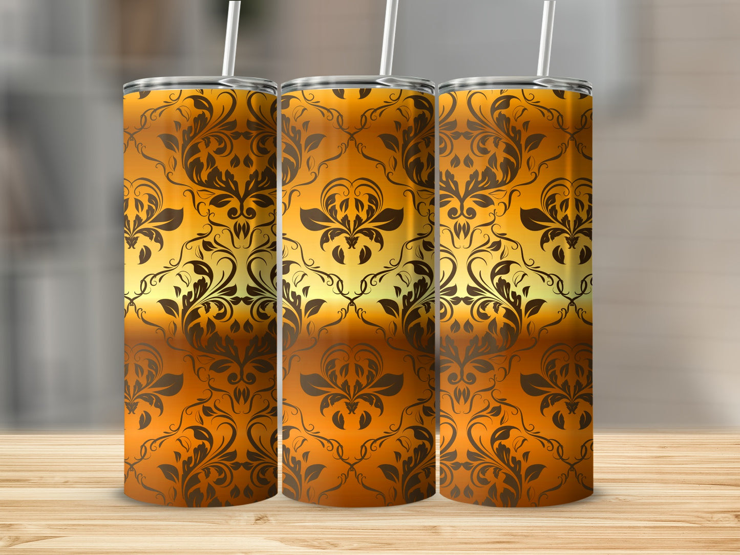Elegant brown ornate damask pattern orange yellow tumbler product type