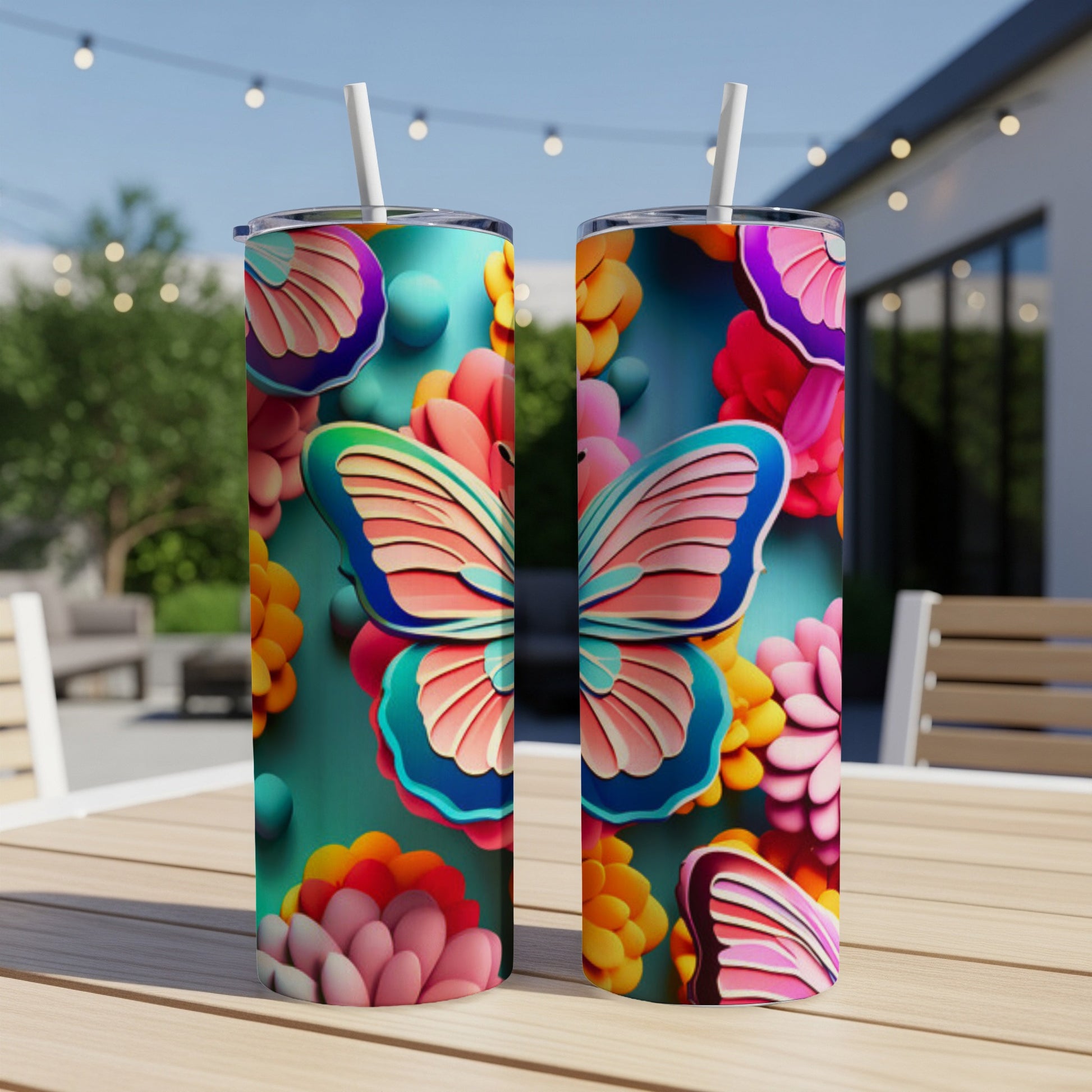 Two teal tumblers featuring a colorful butterfly and floral design.