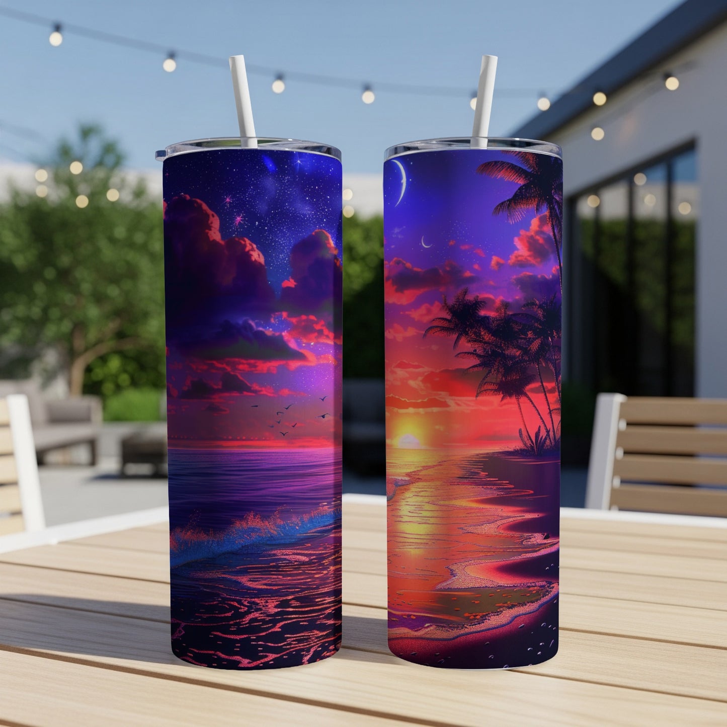 Two tumblers with tropical sunset beach scene designs sit on a table.