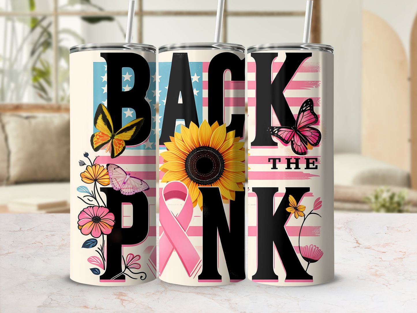 Pink ribbon, sunflower, butterflies, and flowers on a patriotic tumbler.