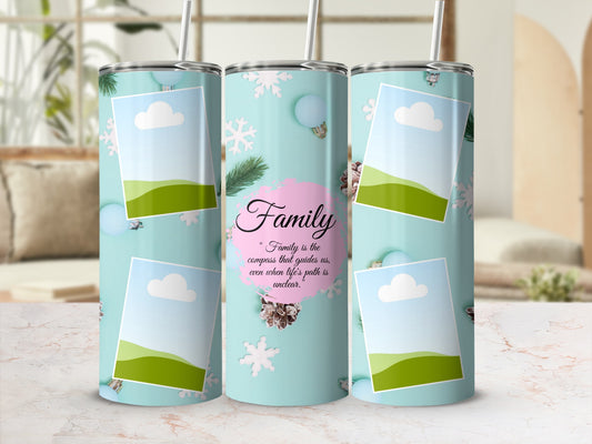 Three tumblers with a light blue design featuring snowflakes, pine sprigs, and quote.