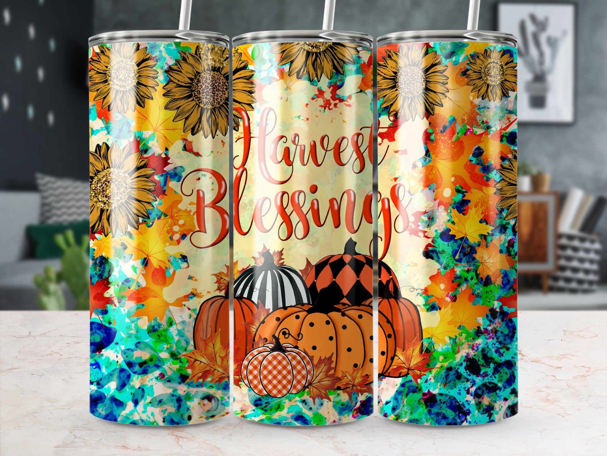 Tumbler with pumpkins, sunflowers, and "Harvest Blessings" text.