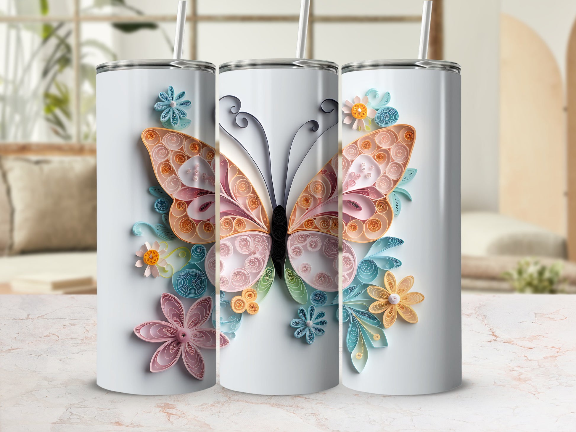 White tumblers with pastel butterfly and floral quilling designs.