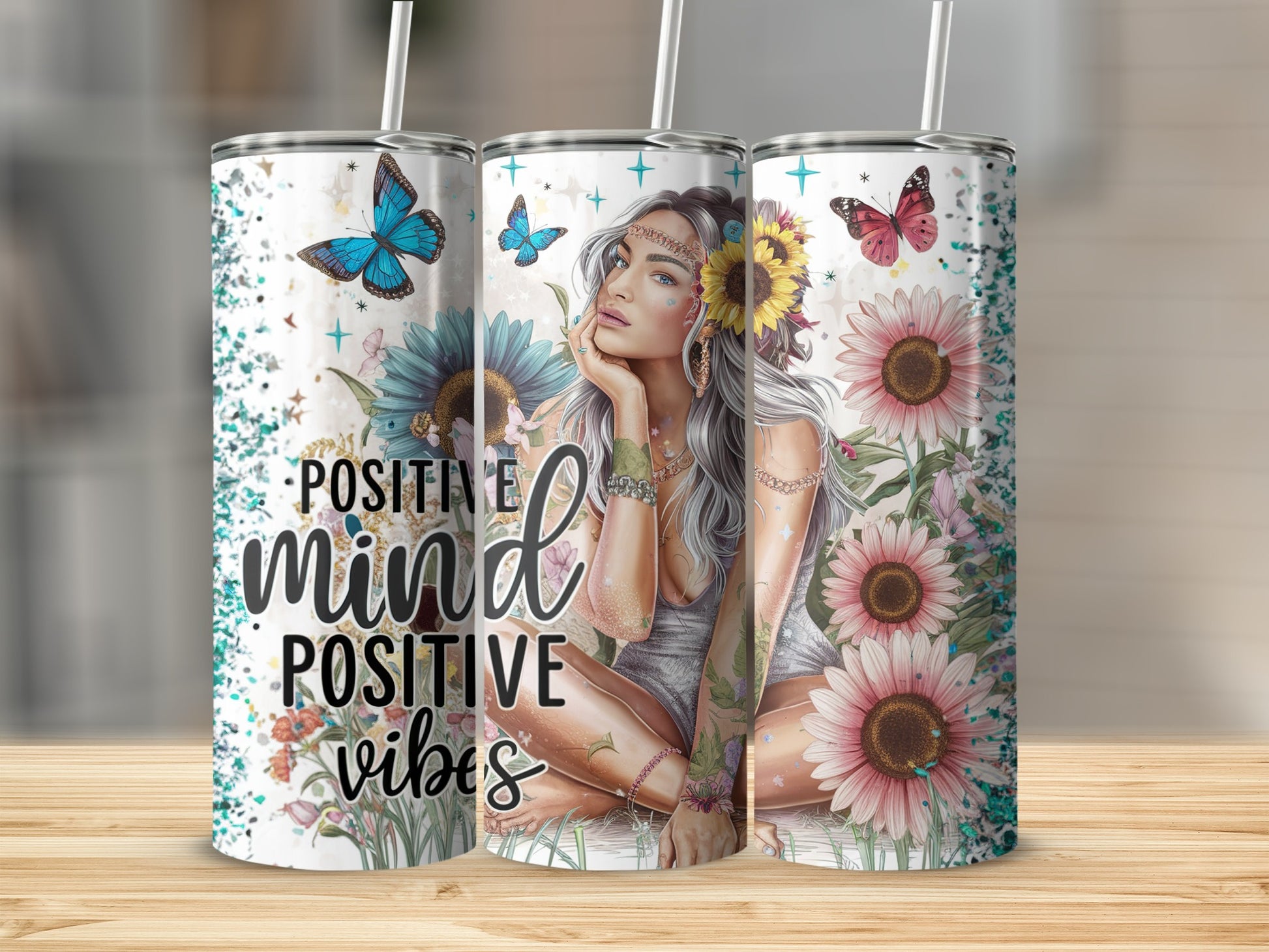 Positive Mind Positive Vibes Floral Art Tumbler