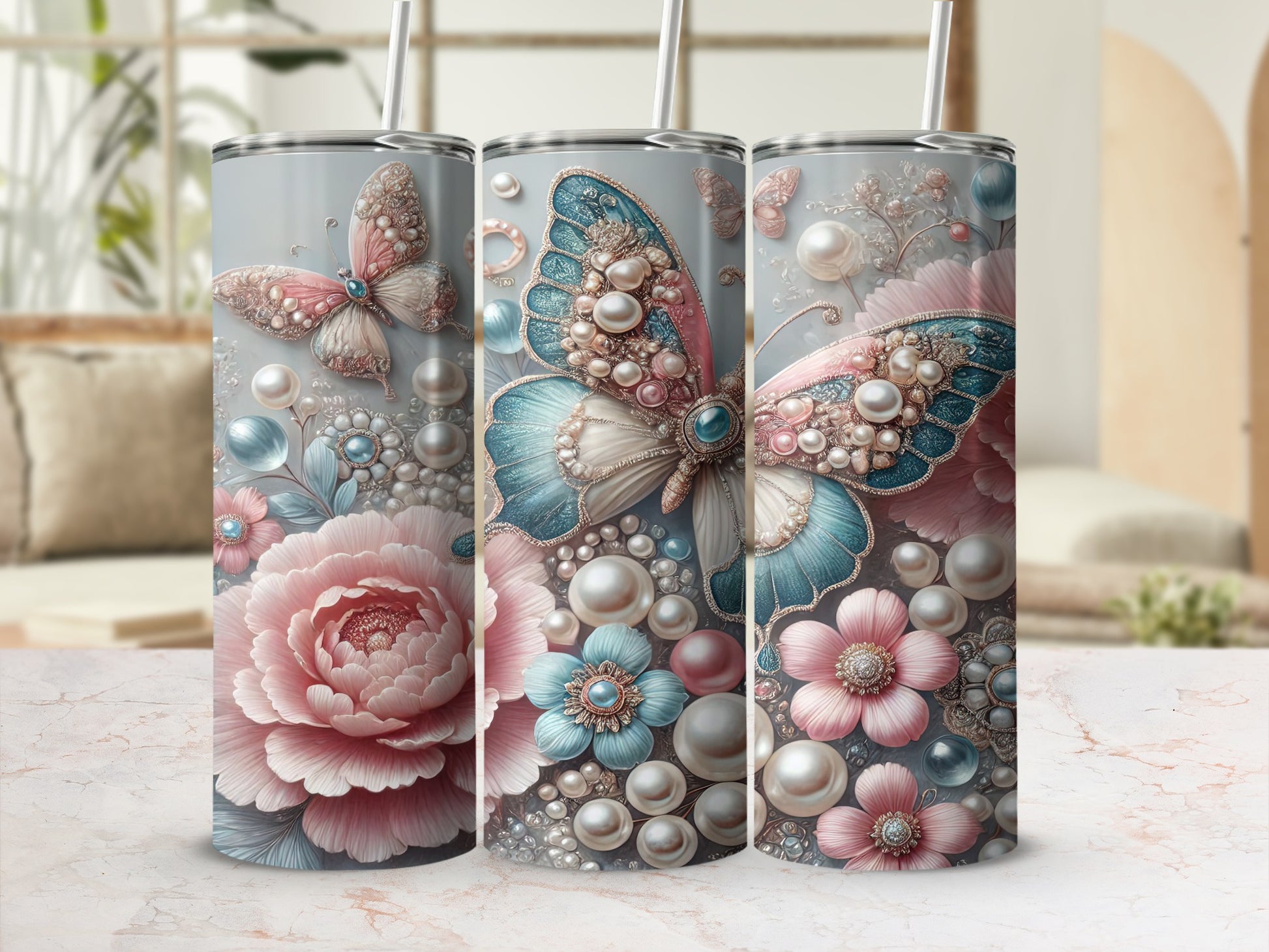 Elegant Butterfly Pearl Flower Design Tumbler product type