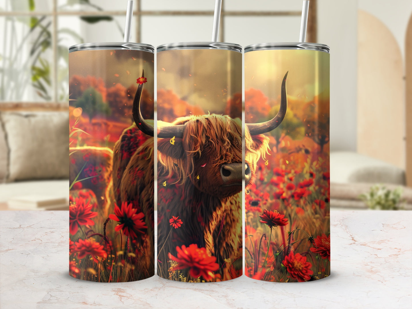 Highland cow surrounded by red wildflowers in a sunny meadow.