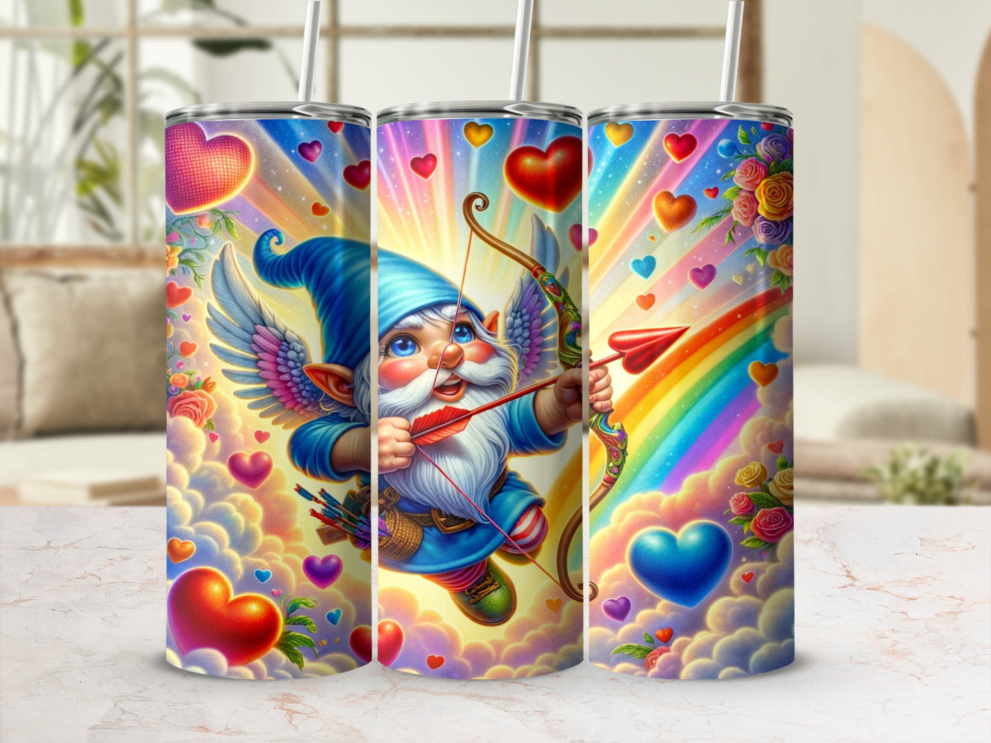 Whimsical Cupid Gnome with Rainbow and Hearts Tumbler