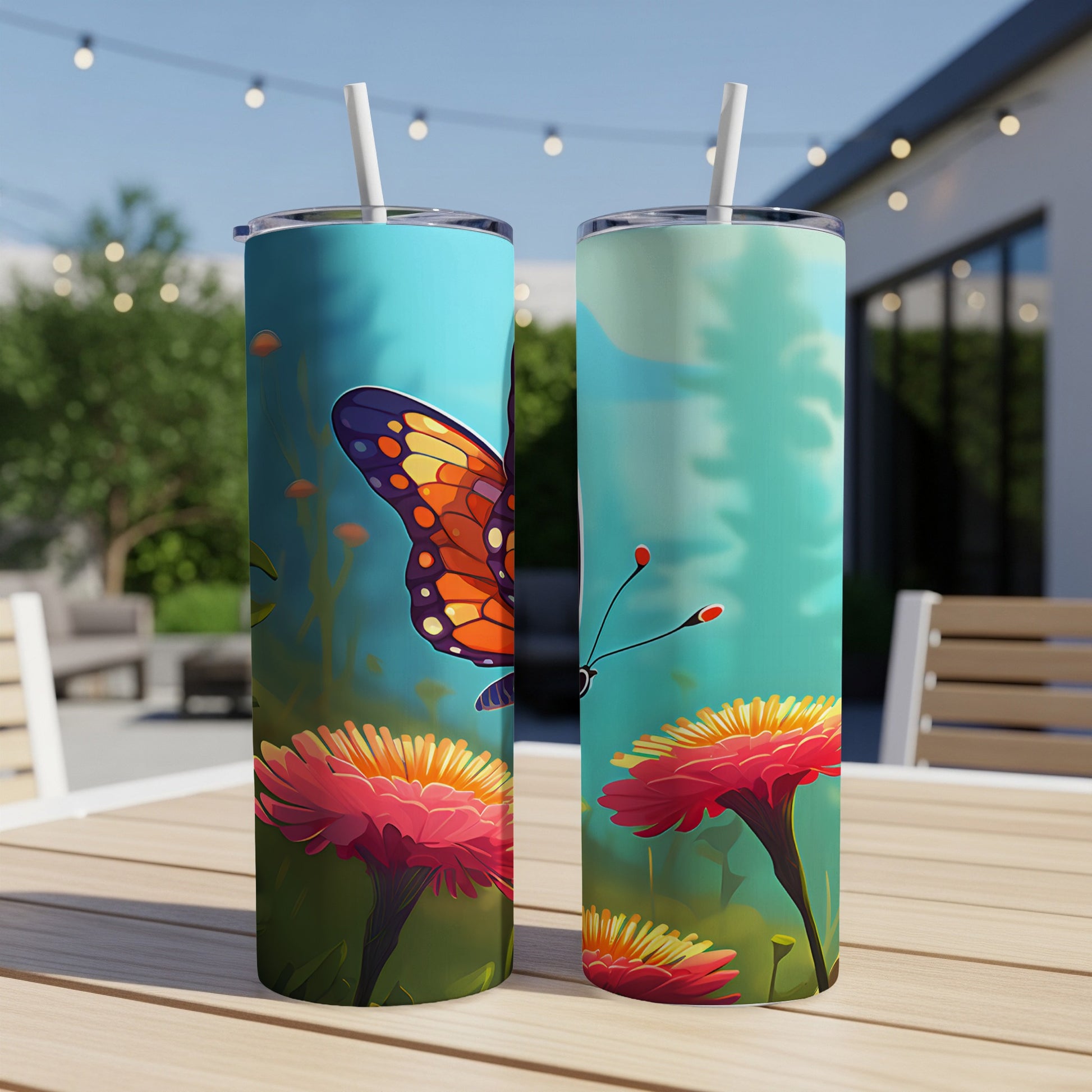 Two skinny tumblers with a butterfly and flowers design.