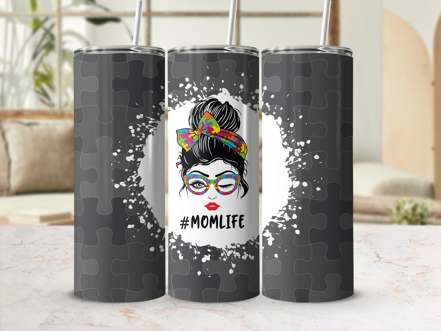 Tumbler with messy bun mom graphic and #Momlife text.