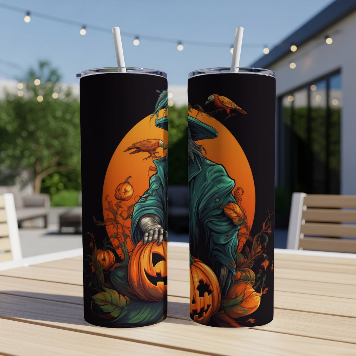 Two tumblers featuring a Halloween scarecrow and jack-o'-lanterns.