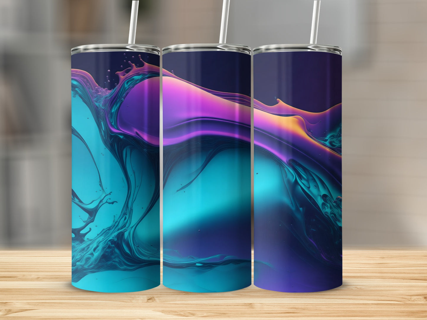 Three tall tumblers with abstract purple and teal designs.
