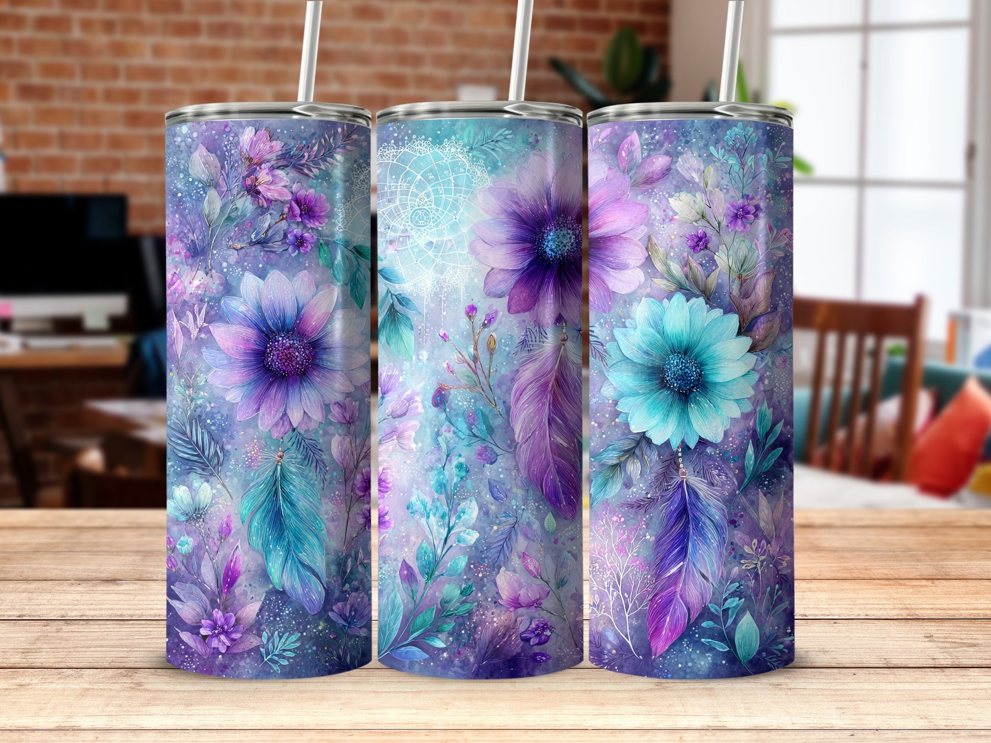Floral and Feather Designed Insulated Tumbler product