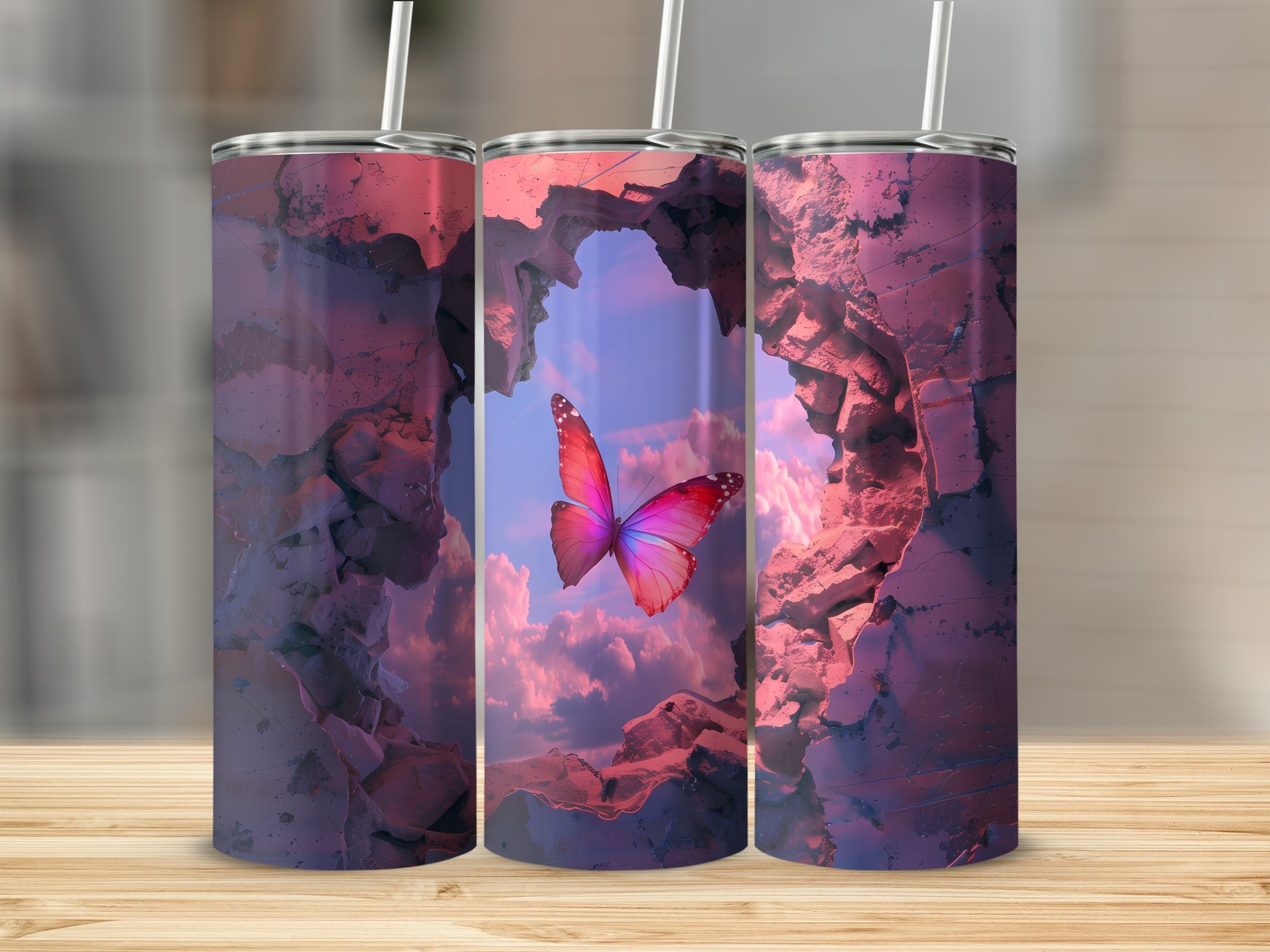 Three tumblers featuring a cracked pink stone texture with a butterfly and clouds scene.