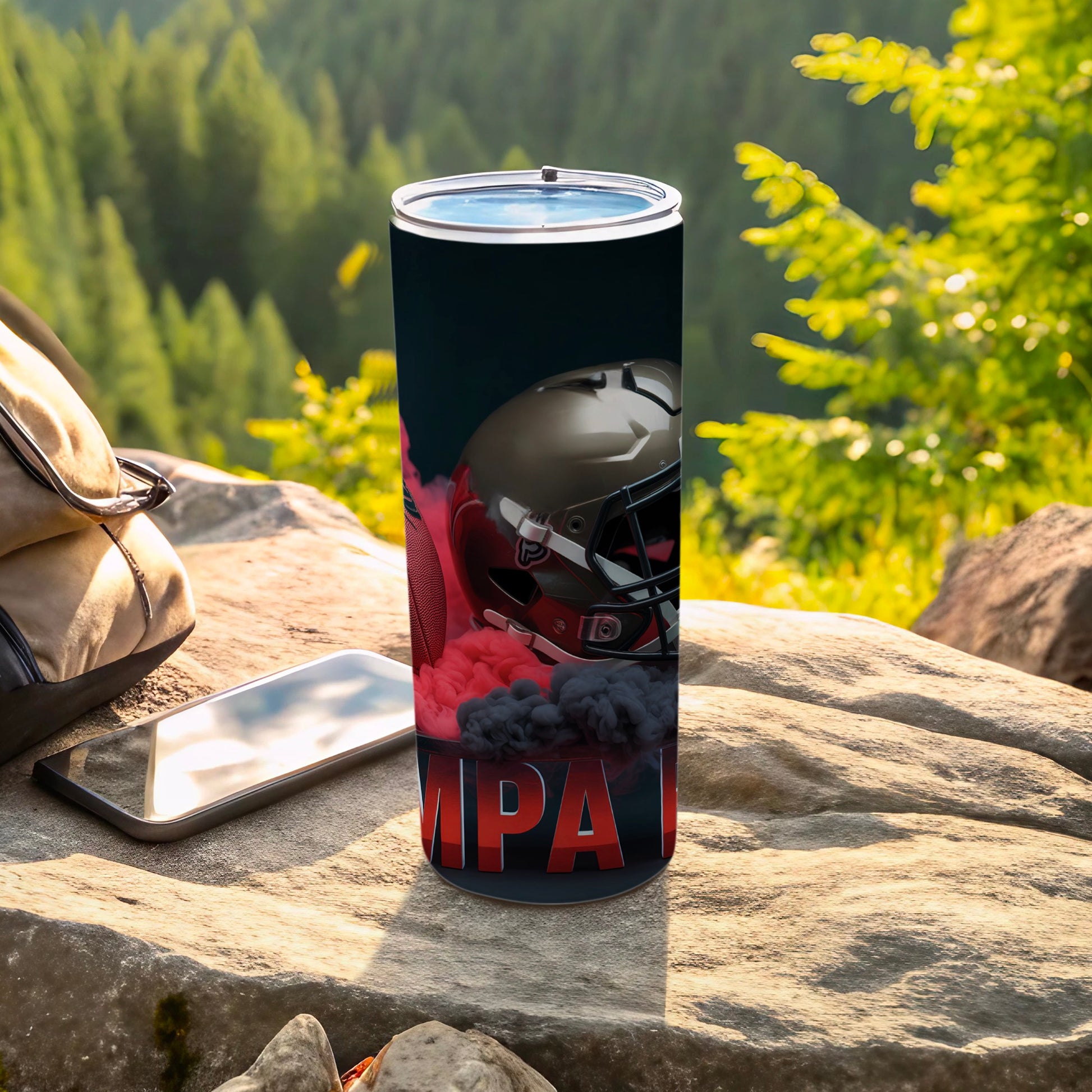 Silver tumbler with football helmet and red smoke, "IMPACT" text.