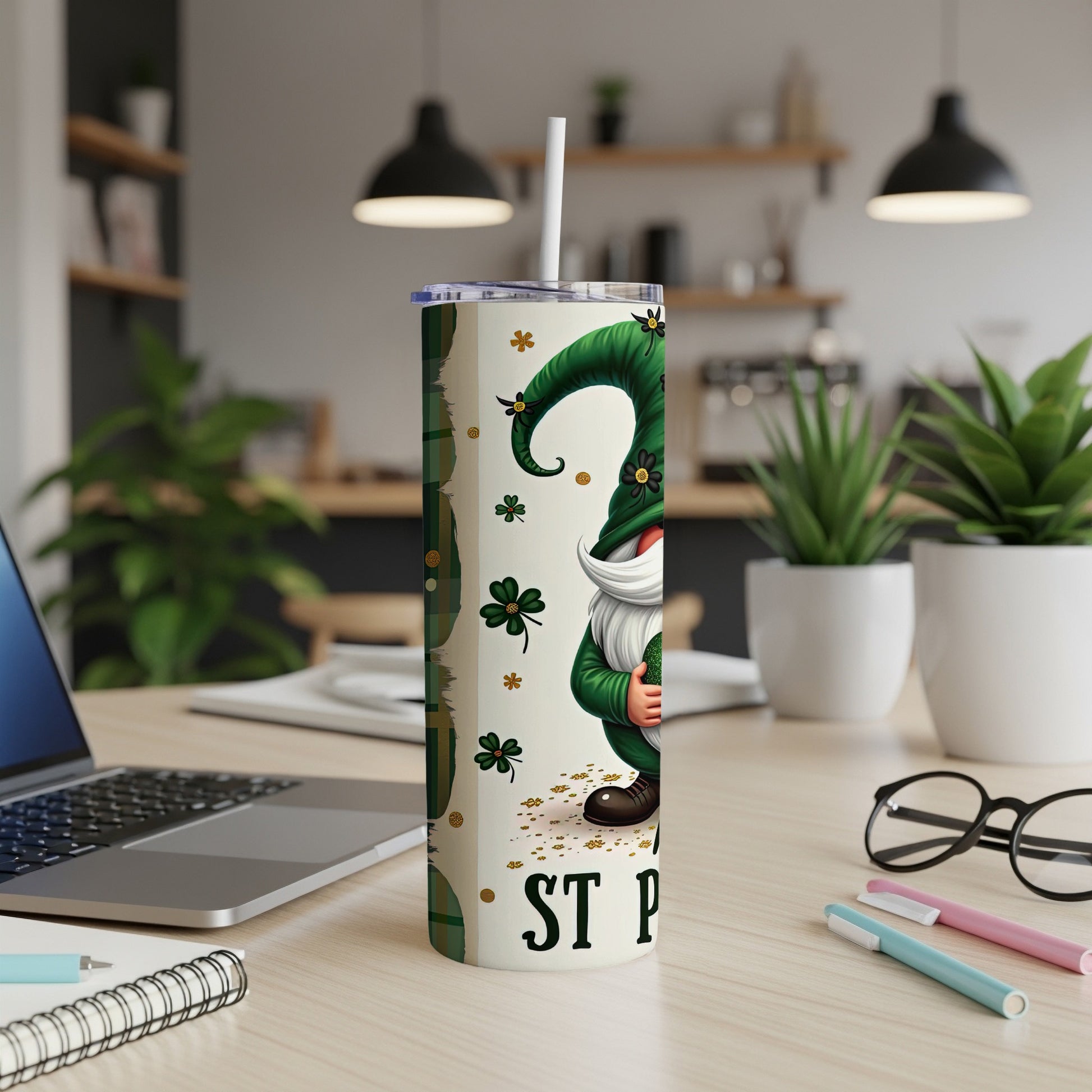 Green gnome with shamrocks on St. Patrick's Day tumbler cup.