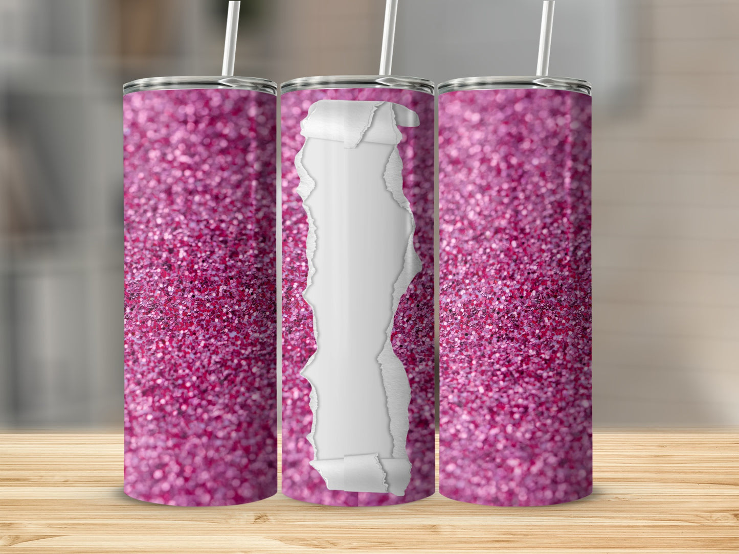 Three pink glitter tumblers with a torn paper overlay in the center.