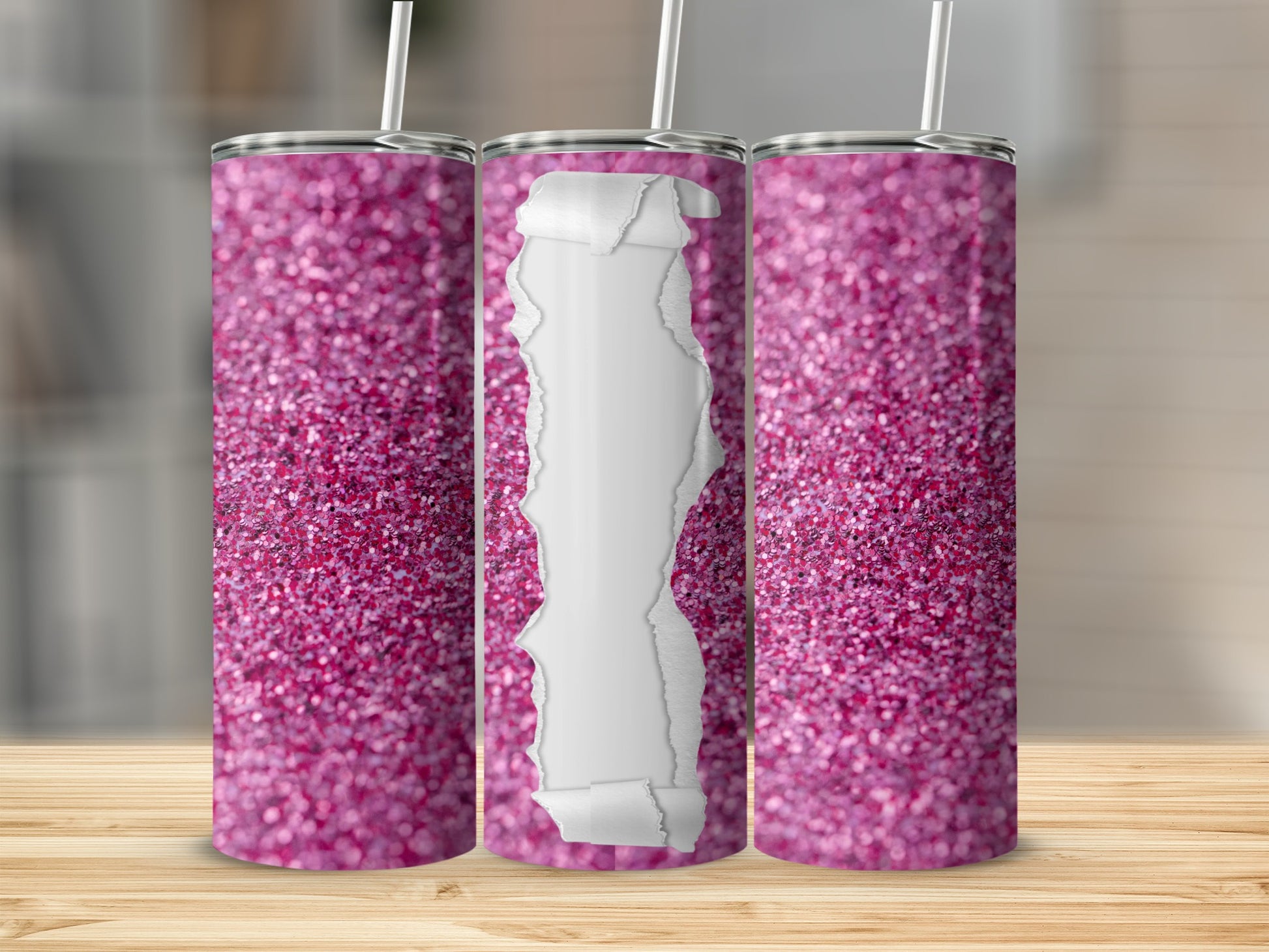 Three pink glitter tumblers with a torn paper overlay in the center.