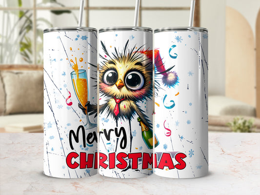 Festive owl wearing Santa hat, holding champagne, with "Merry Christmas" text.
