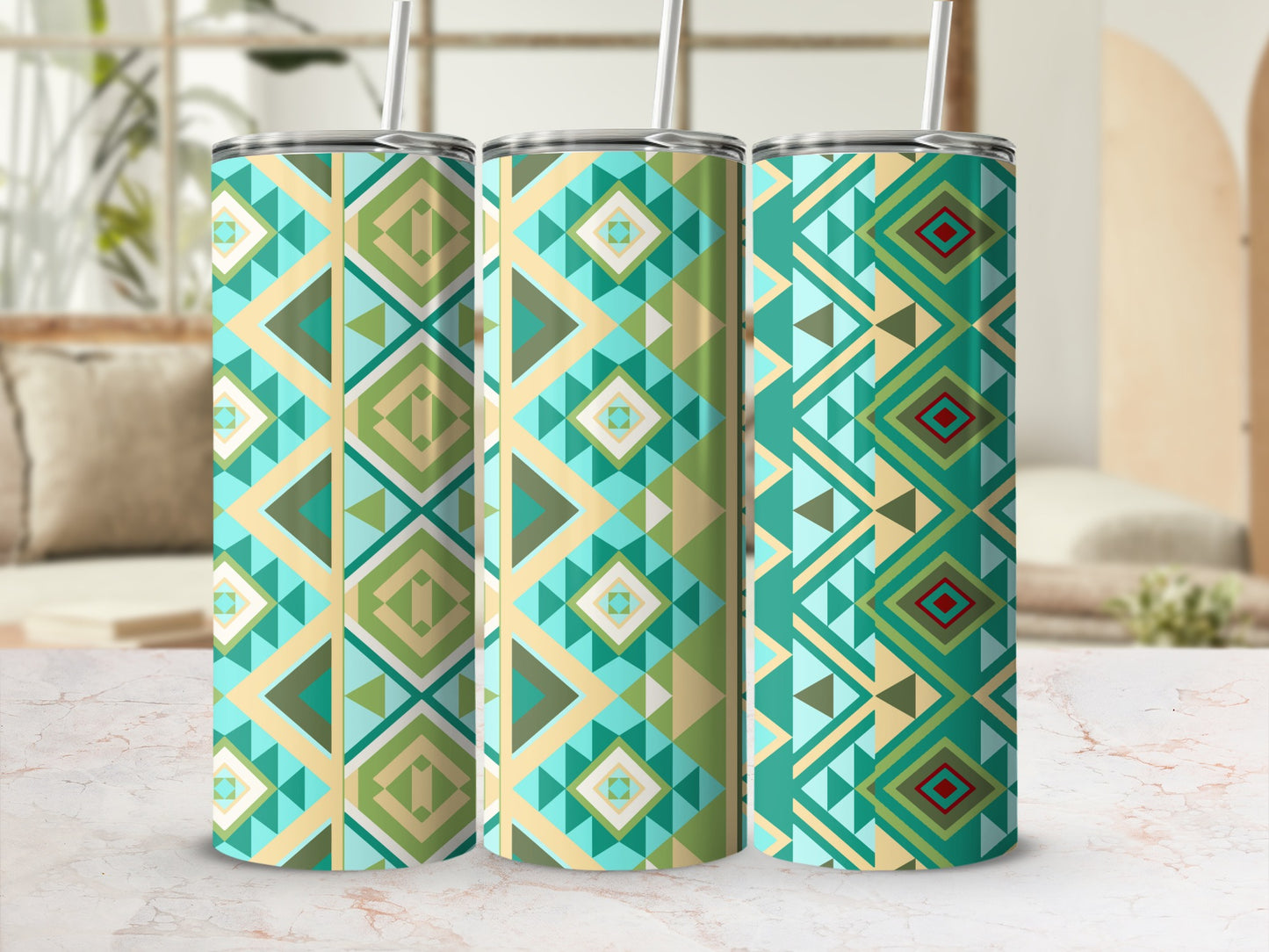 Geometric Pattern Tumblers with Straws Stylish Drinkware