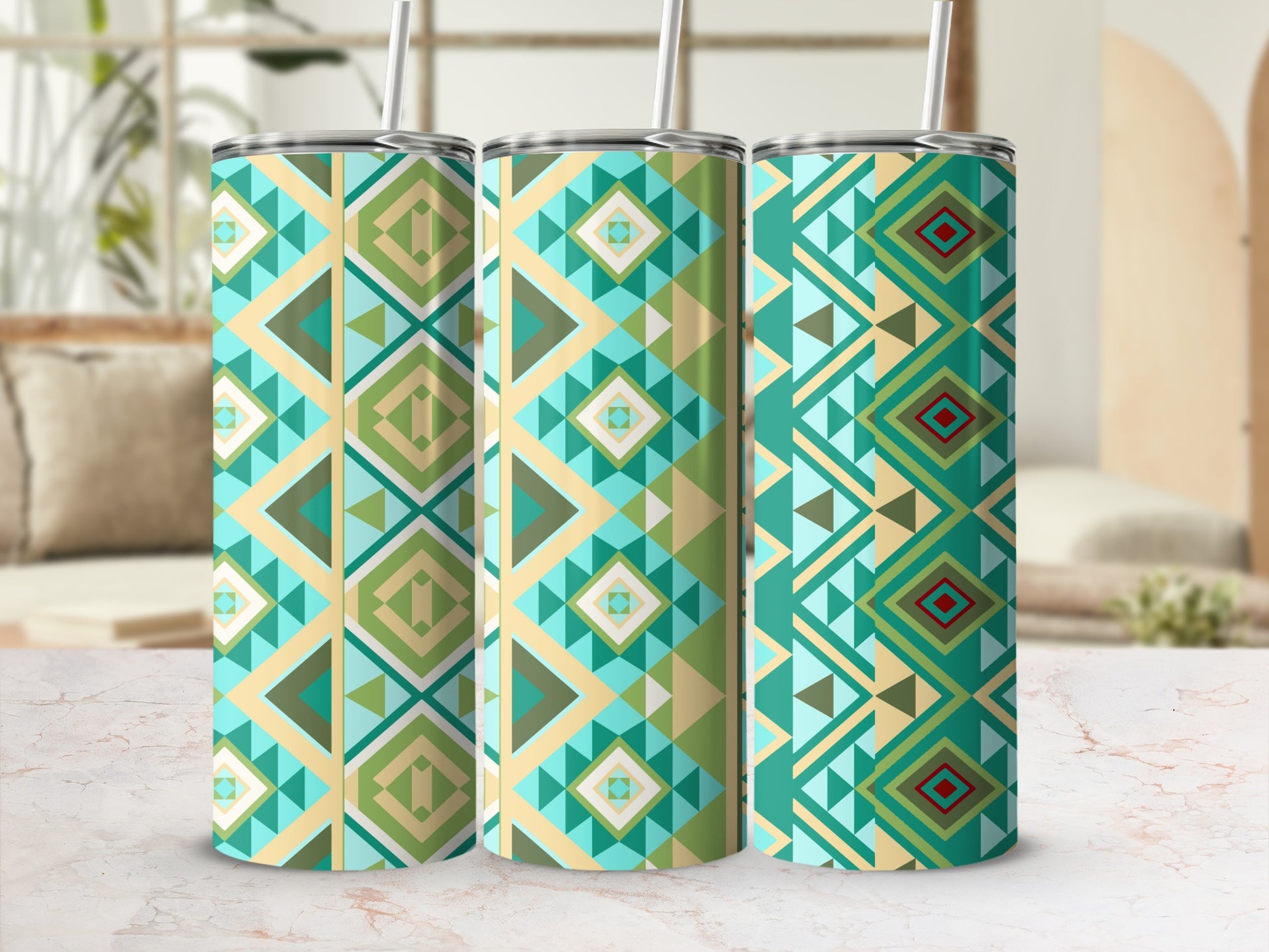 Geometric Pattern Tumblers with Straws Stylish Drinkware