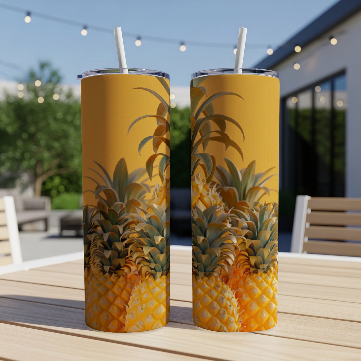 Two tumblers with a bright yellow pineapple pattern on a patio table.