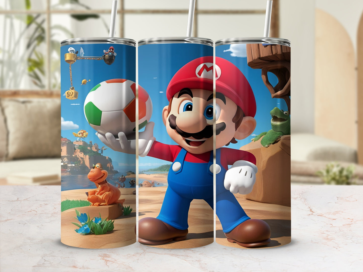 Mario holding a soccer ball, with a video game landscape background.