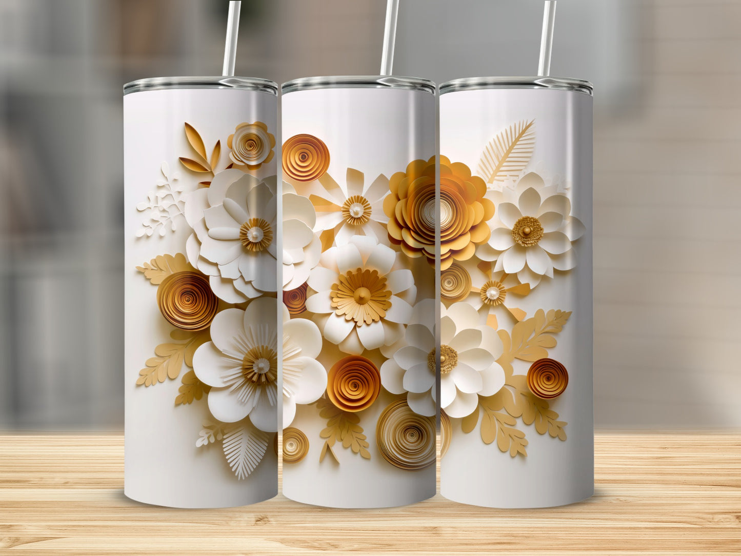 Elegant Floral Design White and Gold Tumbler Cup