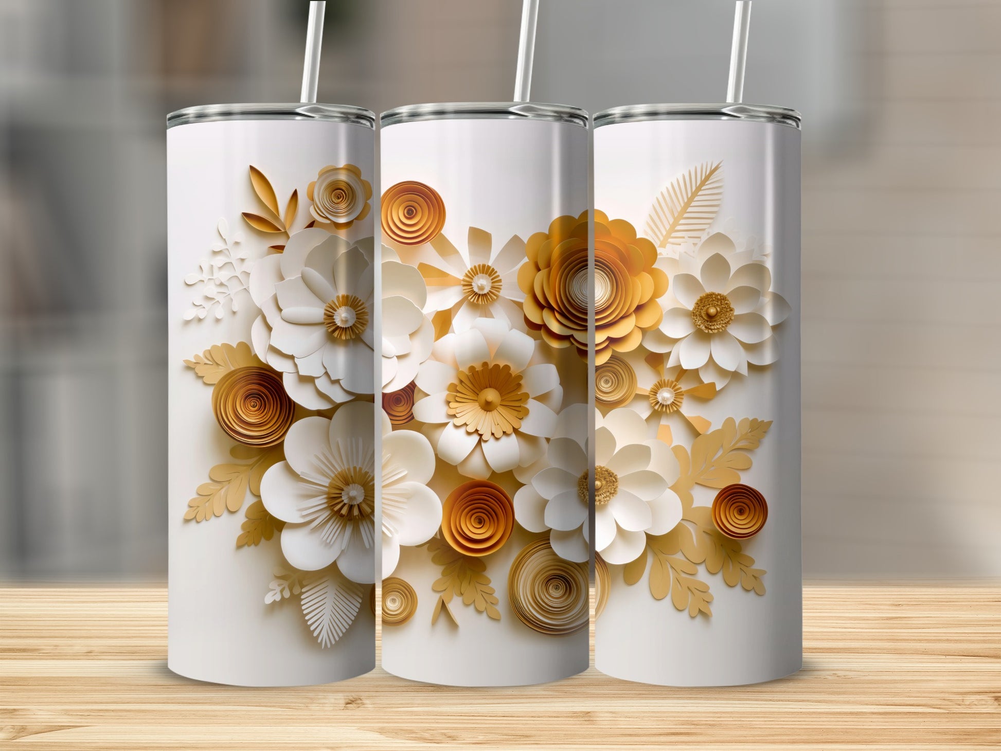 Elegant Floral Design White and Gold Tumbler Cup