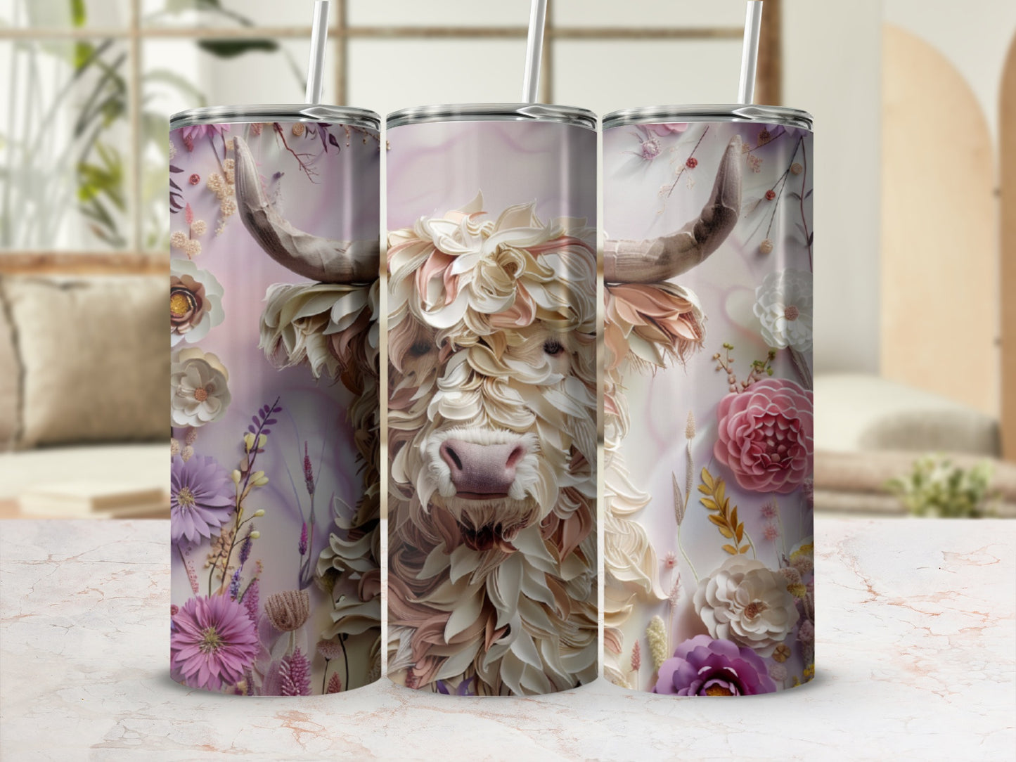Highland cow illustration with floral accents on a tumbler.