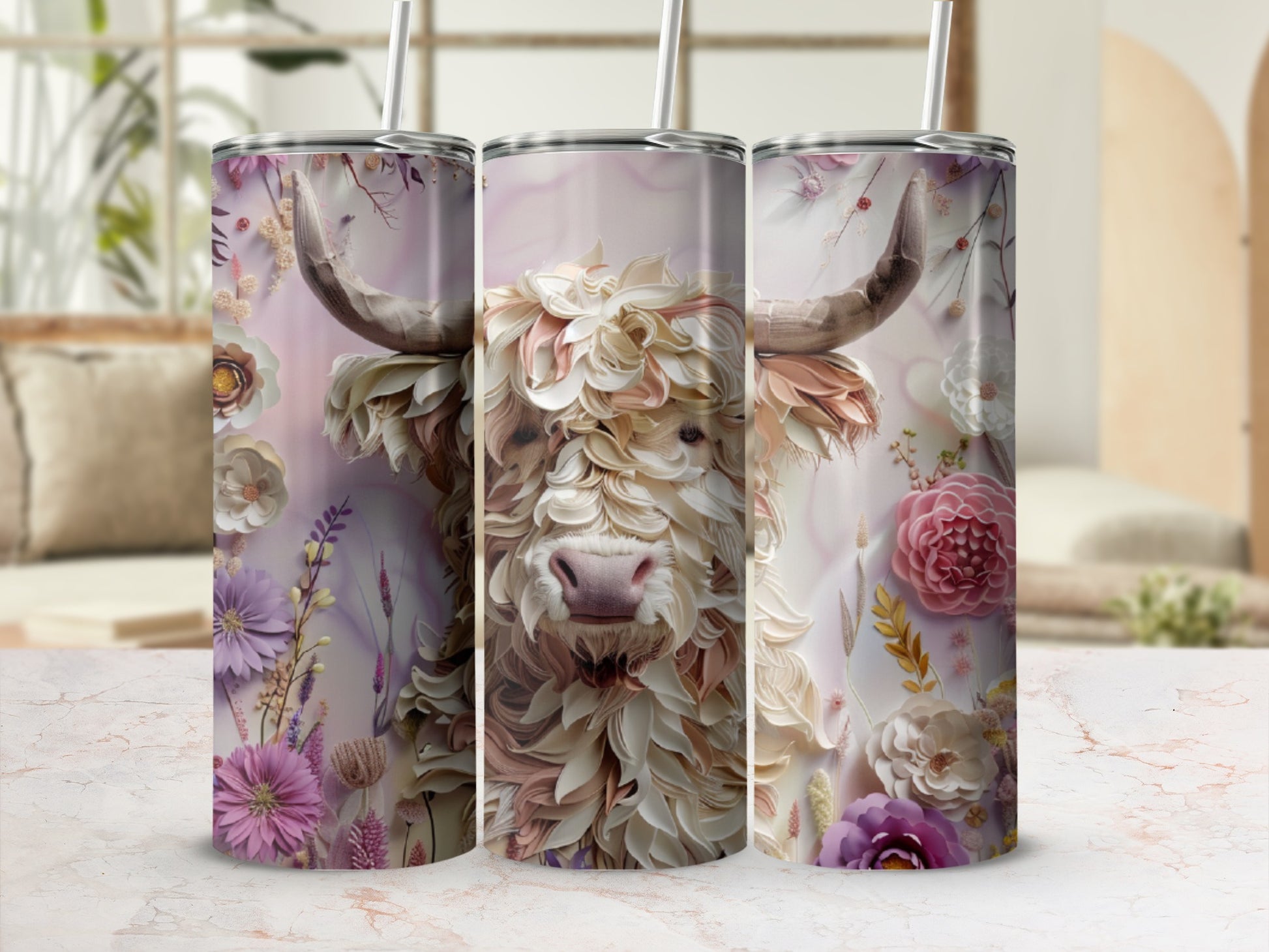 Highland cow illustration with floral accents on a tumbler.