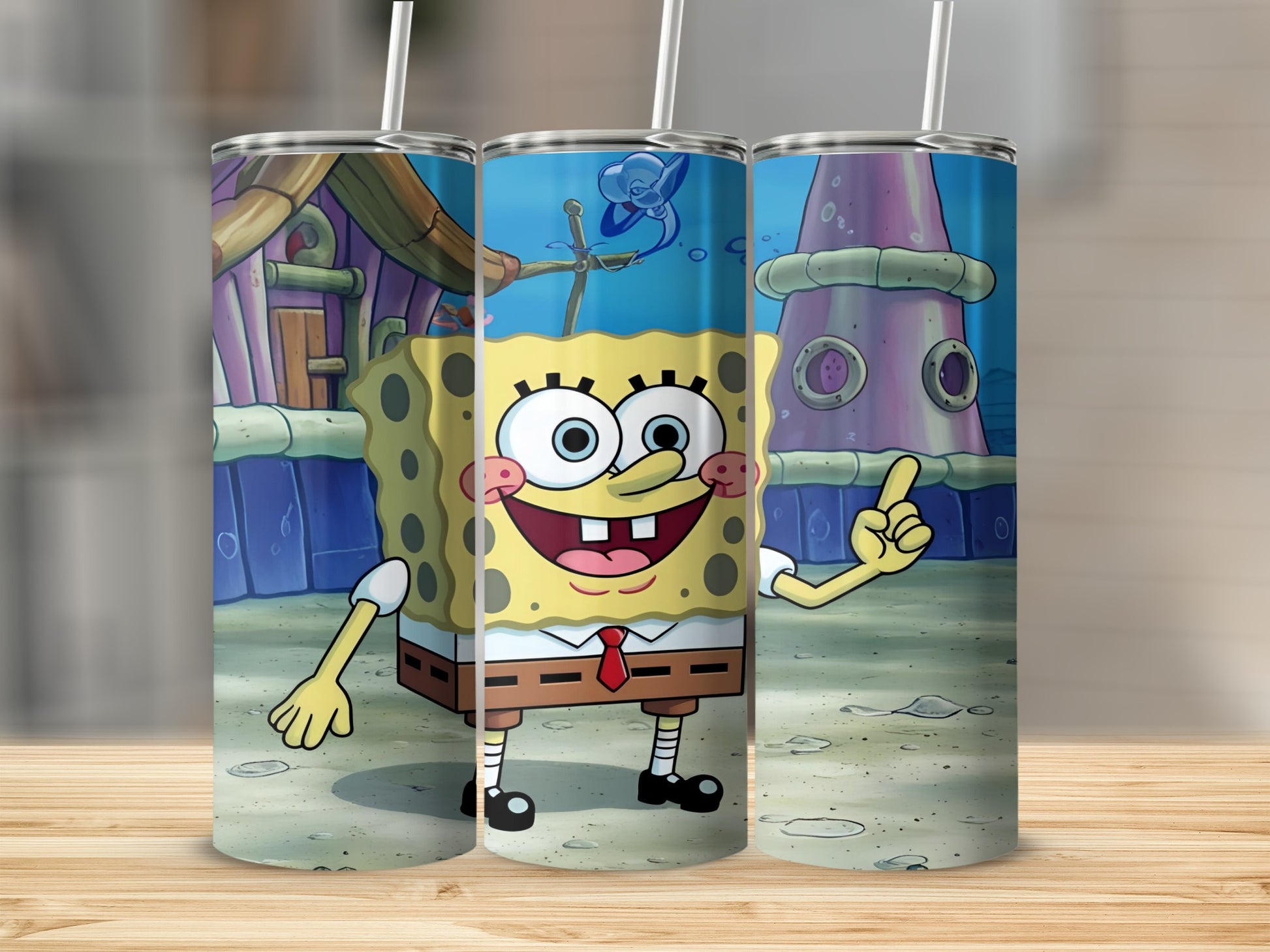 SpongeBob SquarePants character with a blue jellyfish in the background on a tumbler.