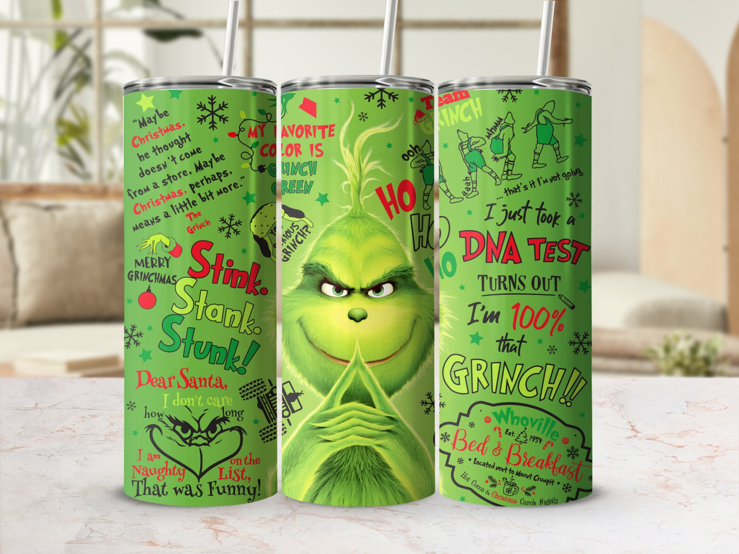 Grinch themed tumbler with quotes, "Stink. Stank. Stunk." and "My favorite color is Grinch green."