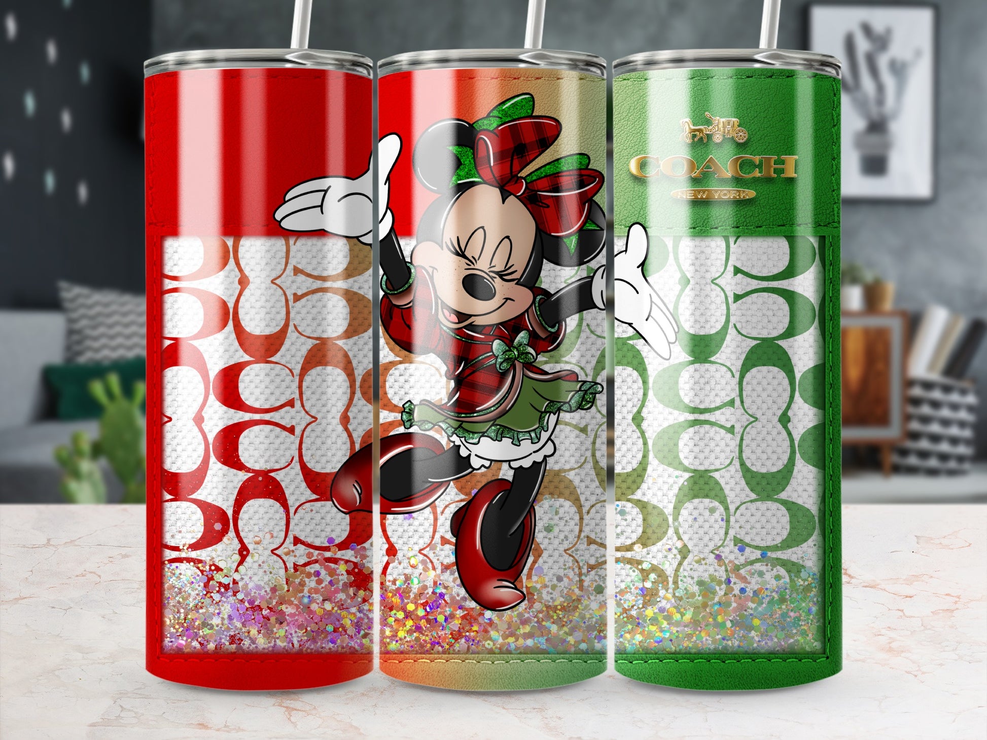 Three tumblers with Minnie Mouse and Coach patterns, one red, one gradient, one green.