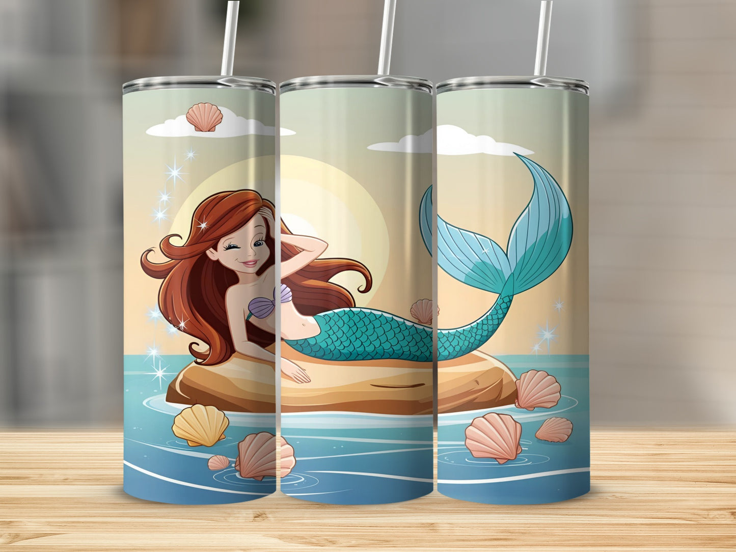 Cartoon mermaid with teal tail rests on a rock surrounded by seashells.