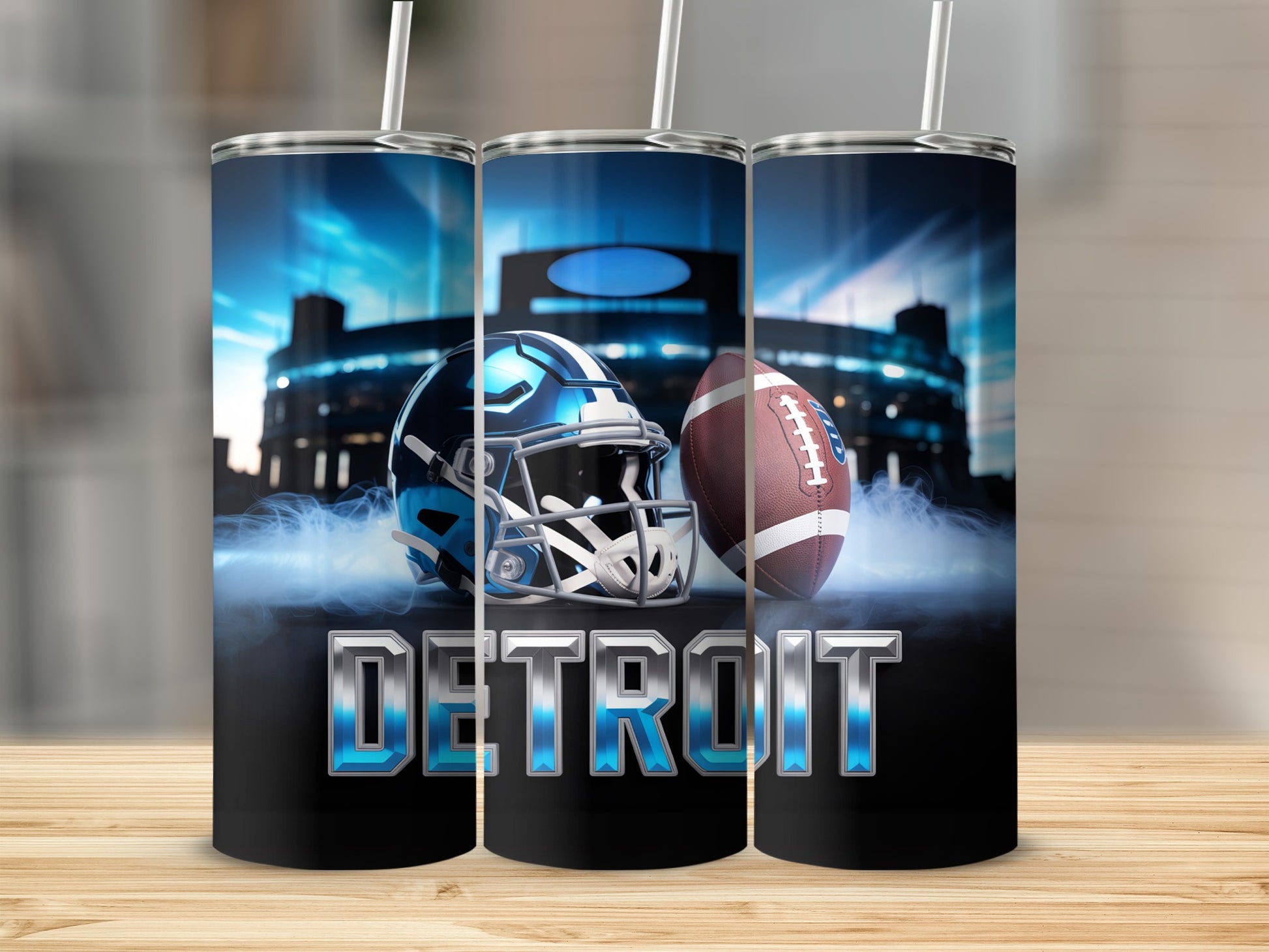 Detroit football helmet and ball on a stadium background.