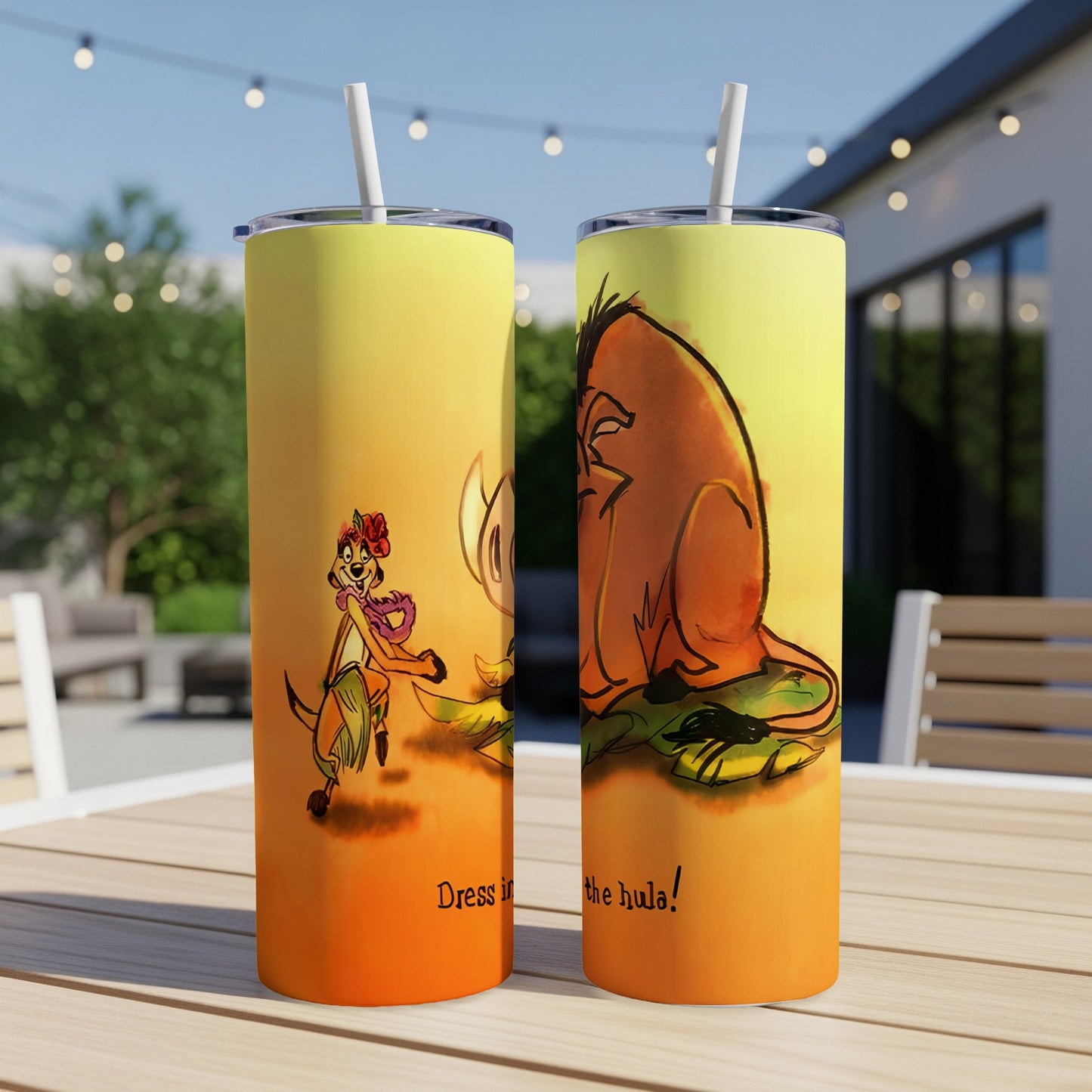 Timon and Pumbaa dressed as hula dancers with "Dress in the hula!" text.