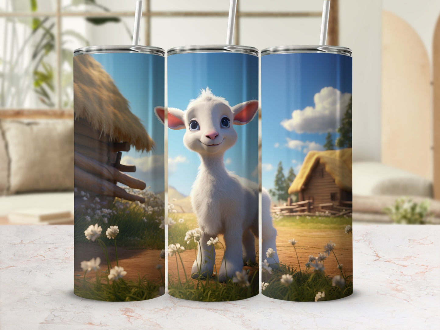 Cute Cartoon Sheep and Countryside Scene Tumbler