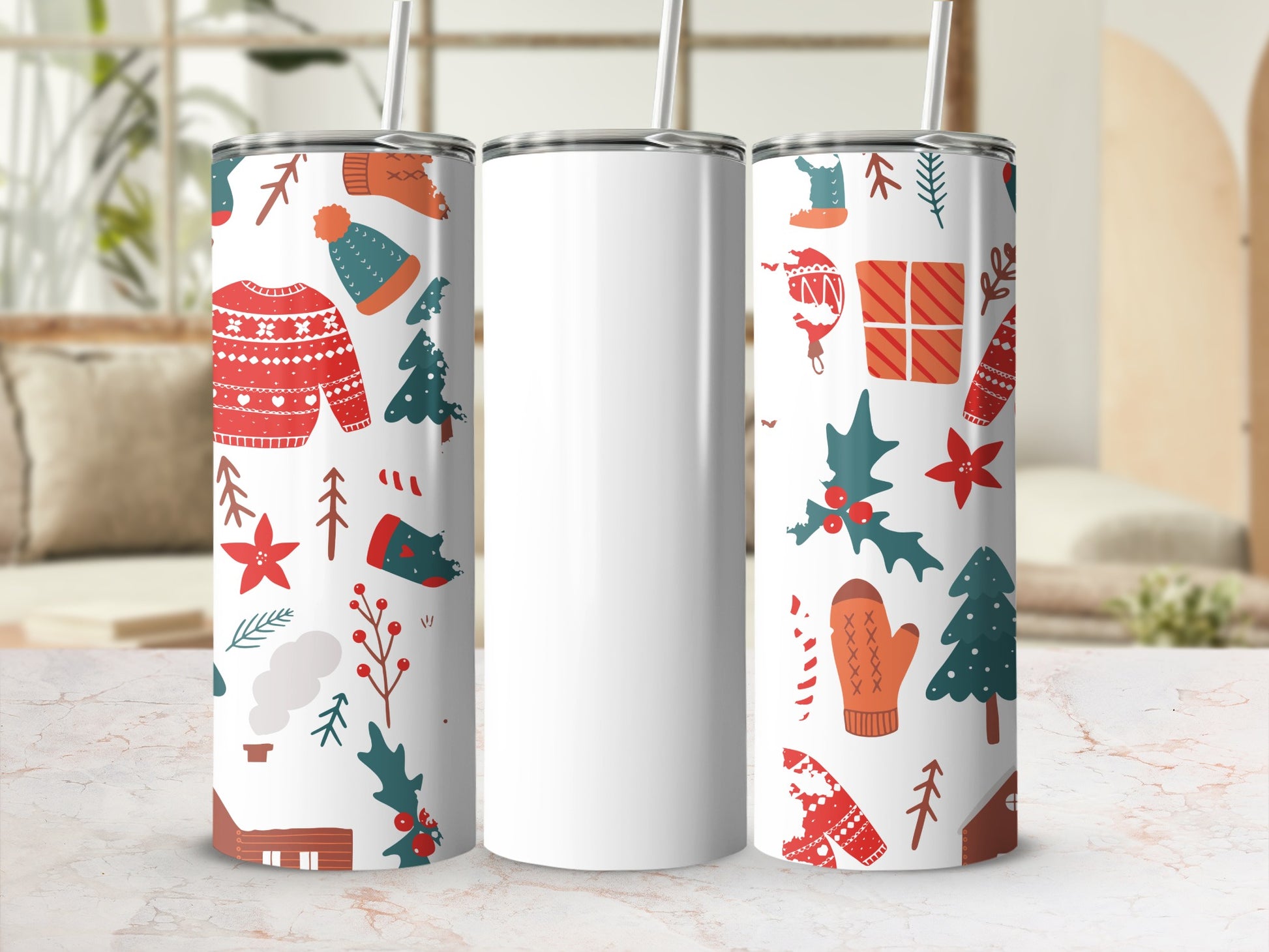 Holiday Themed Festive Tumbler with Straw