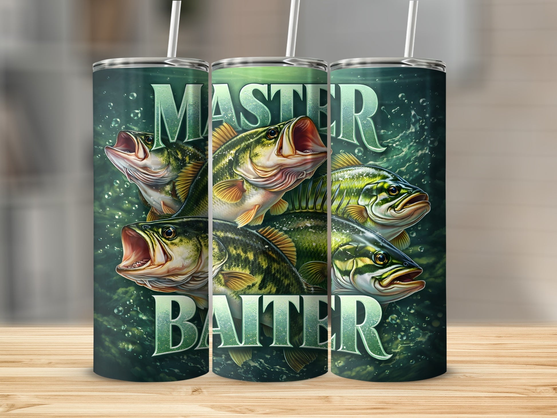 Master Baiter tumbler with five bass fish swimming in water.