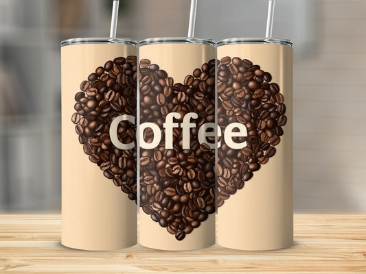 Three tumblers featuring a heart shape made of coffee beans and the word "Coffee".
