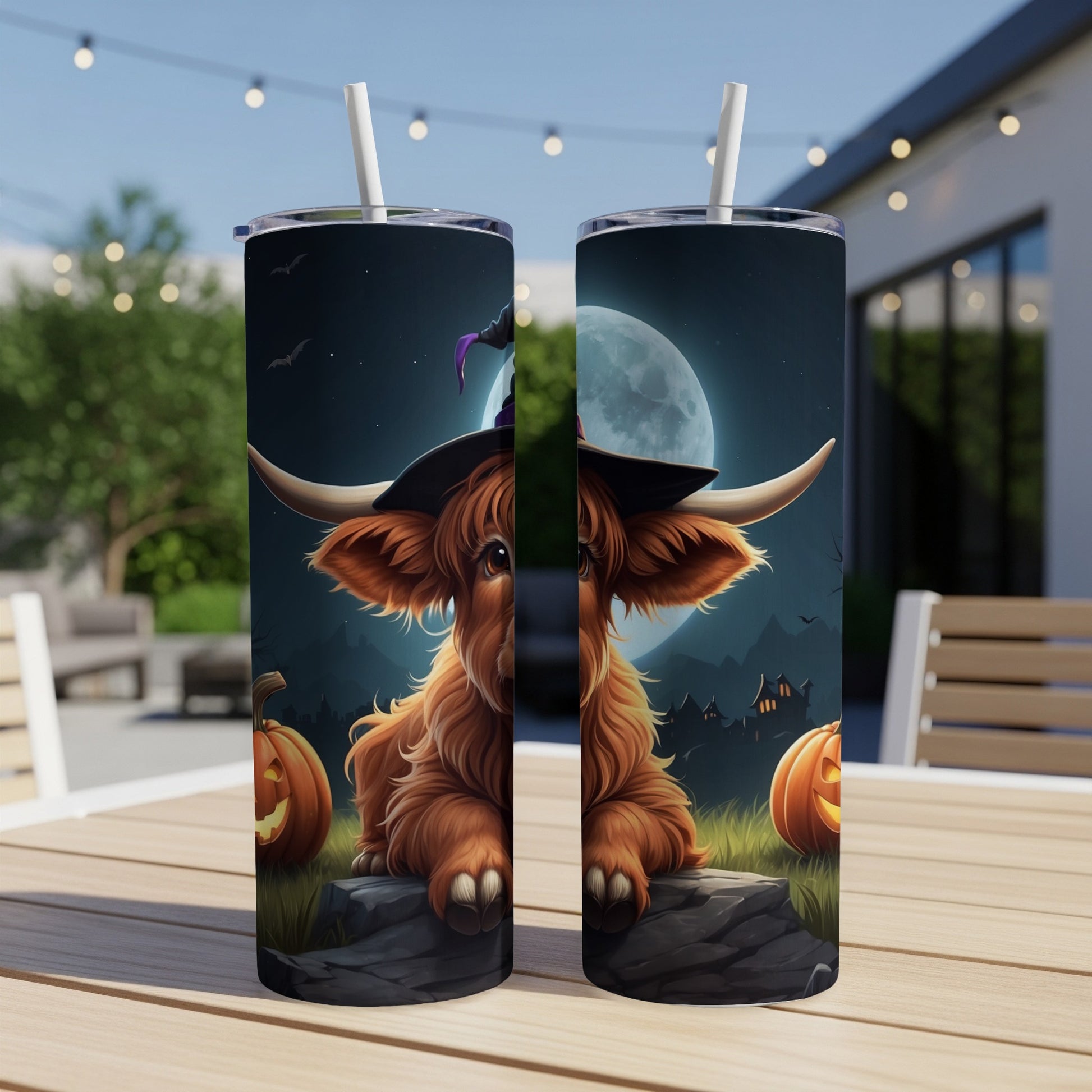 Highland cow in witch hat with pumpkins and moon on Halloween tumbler.