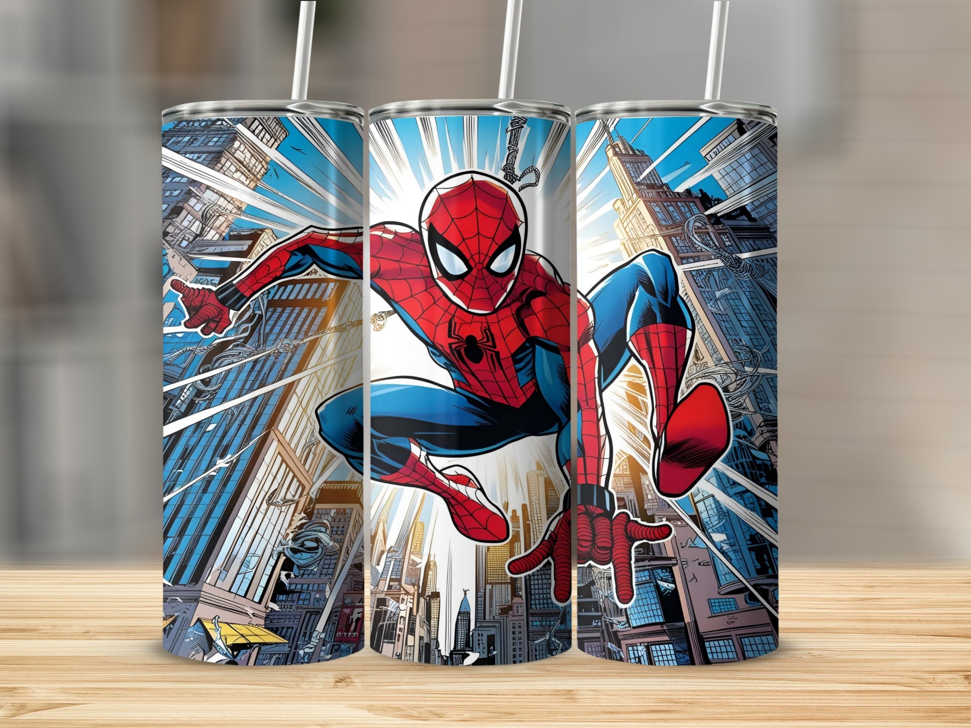 Spider-Man in comic style leaping through a city skyline on a tumbler.