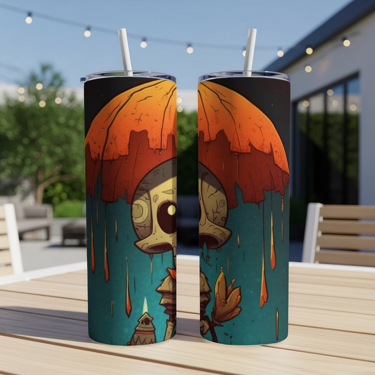Two tumblers with cartoon skull under an orange umbrella and dripping rain.