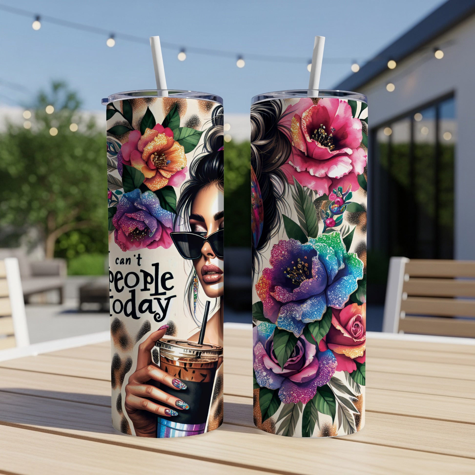 Two tumblers with leopard print, flowers, and "can't people today".