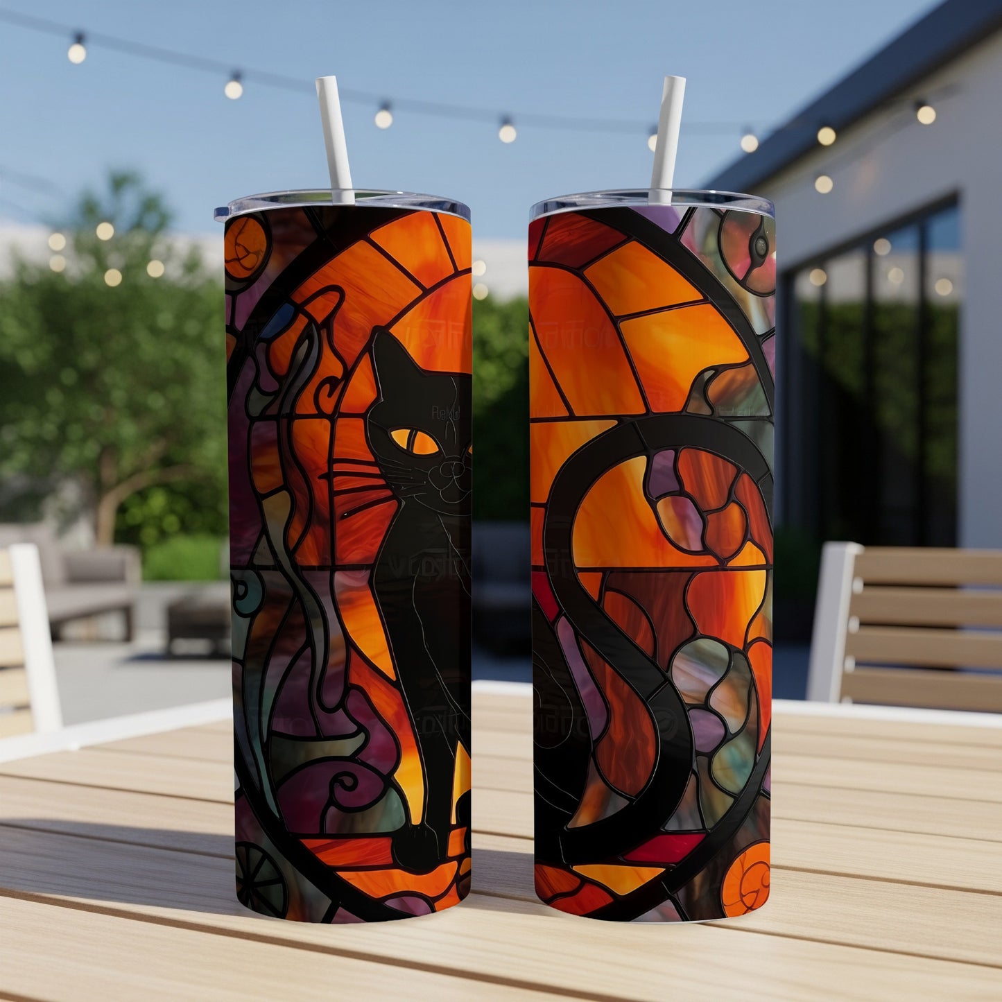 Black cat silhouette on stained glass pattern tumbler.