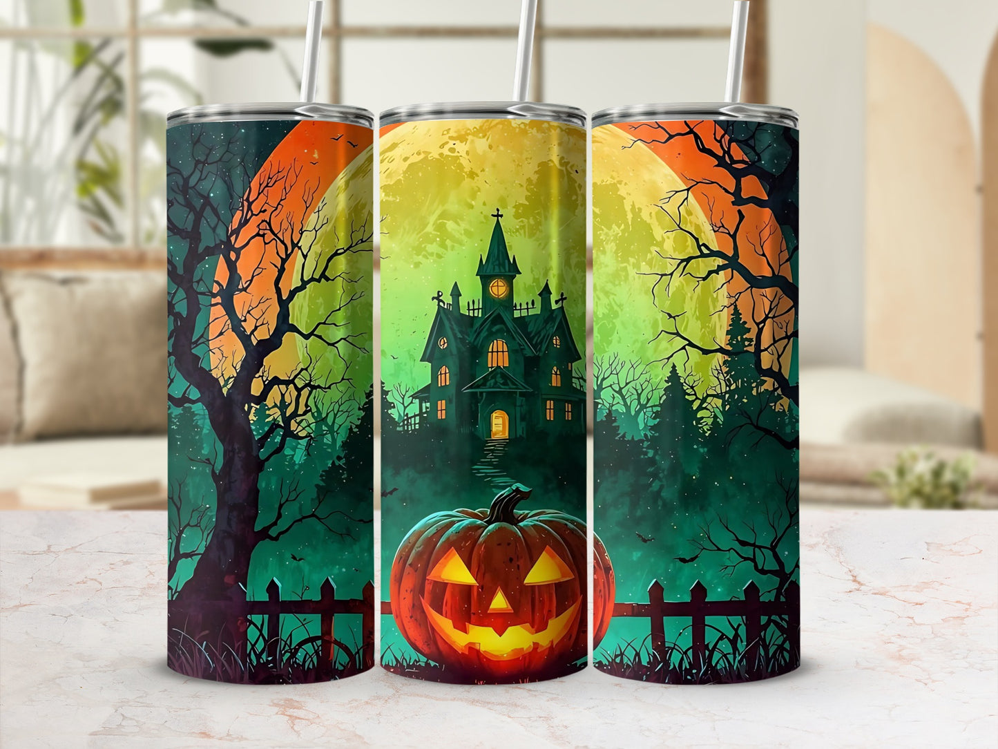 Tumblers with spooky Halloween scenes: haunted house, jack-o'-lantern, and moon.