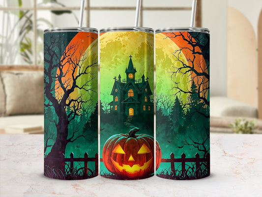 Tumblers with spooky Halloween scenes: haunted house, jack-o'-lantern, and moon.
