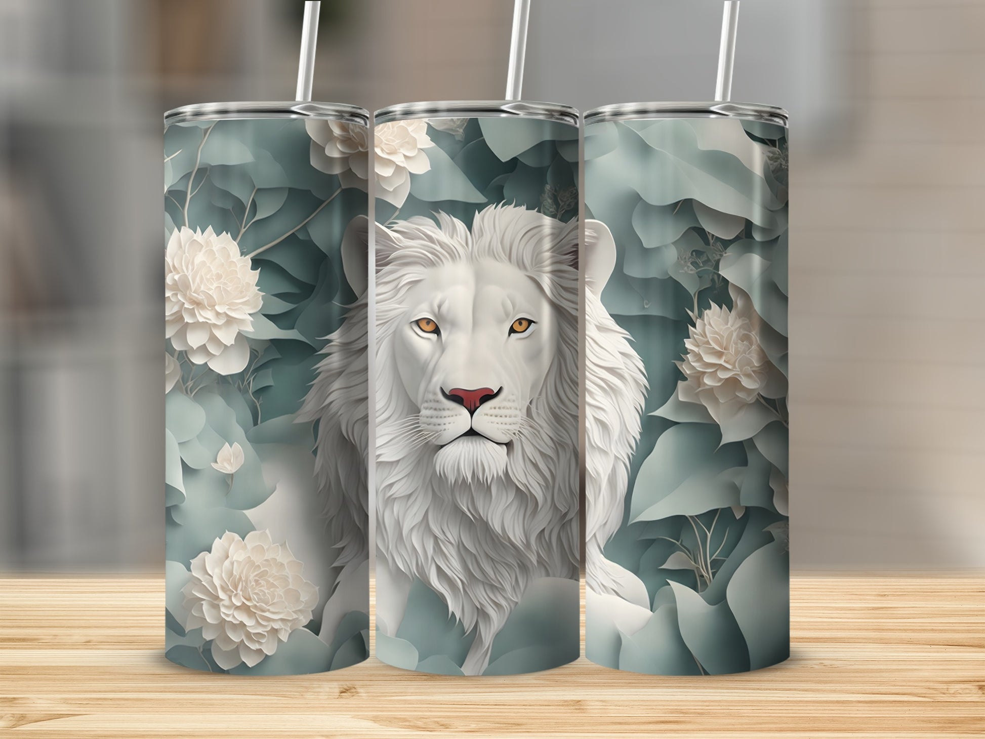 White lion with floral background on three tumblers.