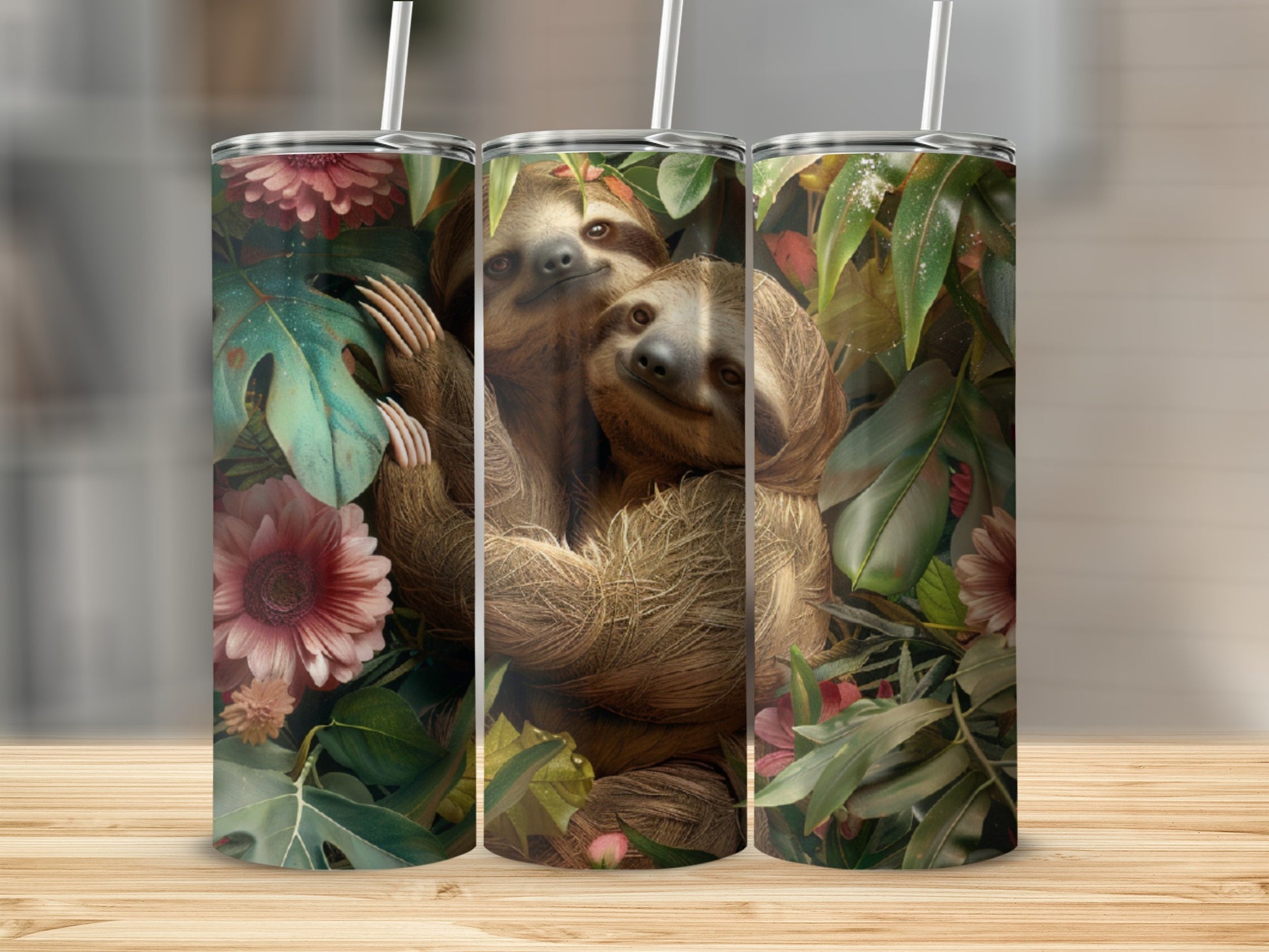 Two sloths embrace surrounded by lush green leaves and pink flowers.